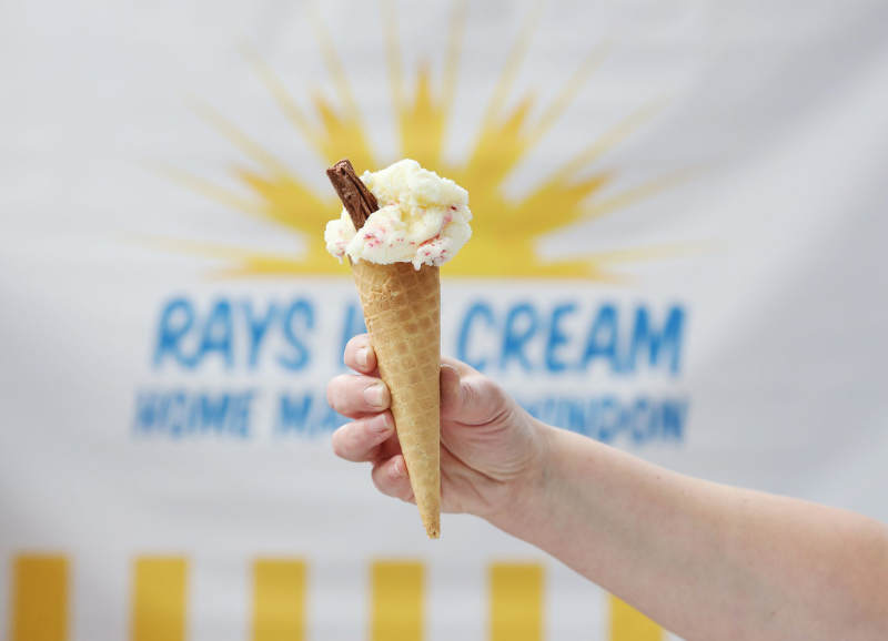 Rays Ice Cream cone with logo on a banner behind